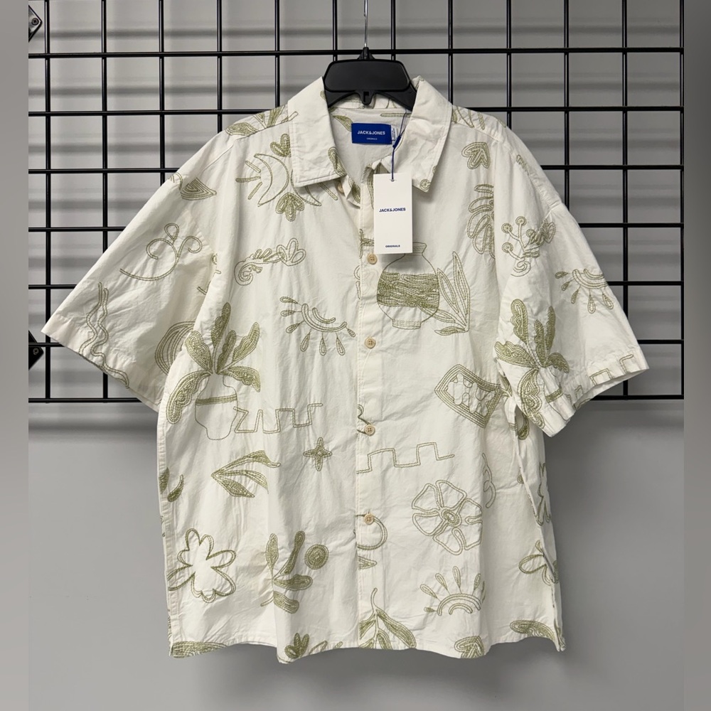 Jack and Jones Men's Shirt with White and Olive Designs